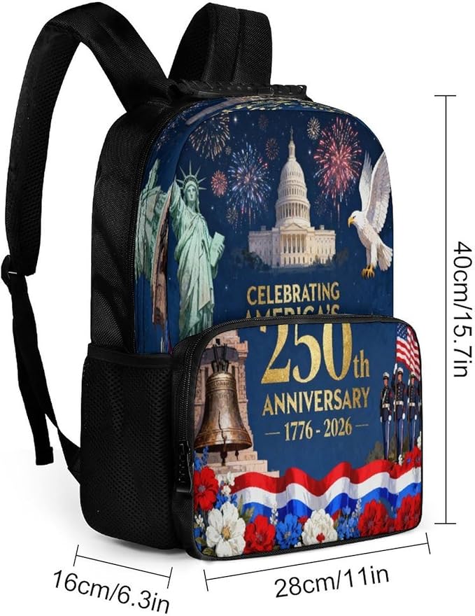 Men Women Polyester 250 Years 1776-2026 250th Birthday Eagle Liberty Art Daypack Big Capacity Shoulder Bag With Smooth Zippers for Hiking Work Walking Cycling