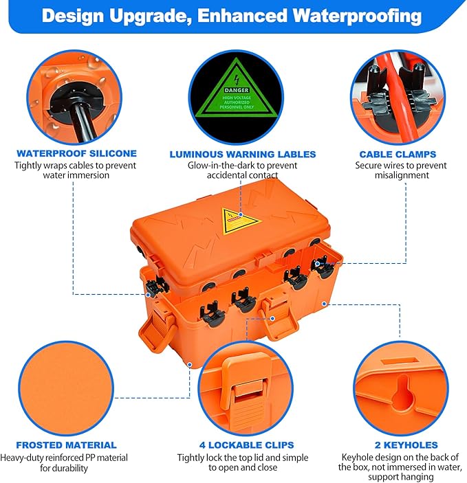 Hrensaw Medium Outdoor Electrical Box(10.6x5.5x4.5inch),Weatherproof Connection Box w/6 Cable Entry,IP54 Waterproof Extension Cord Cover Protect Power Strip,Timer,Plug,Holiday Lights,Orange