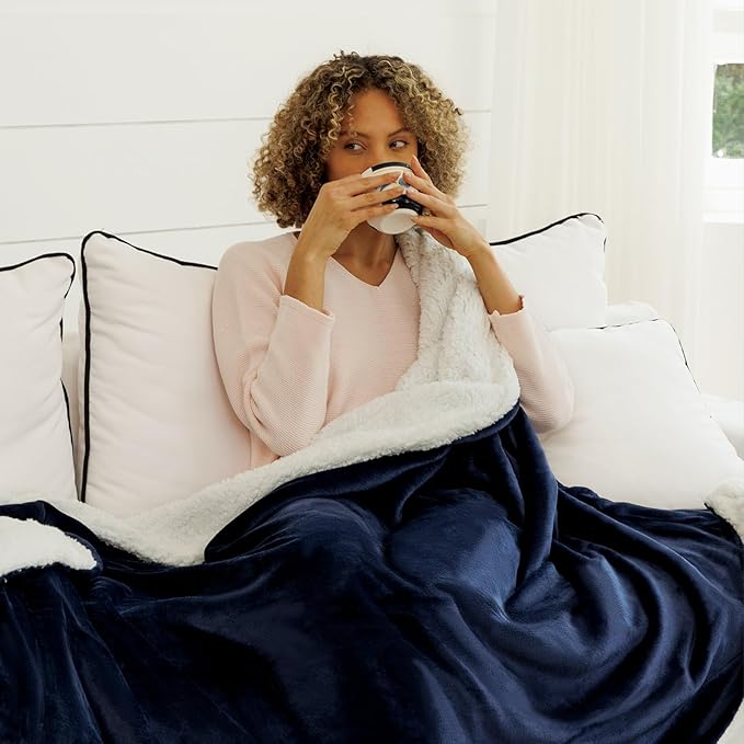 NANPIPER Sherpa Blanket for Couch, Warm and Lightweight Throw, Soft Fuzzy Plush Fleece for Winter, Estate Blue 50x60 Inches