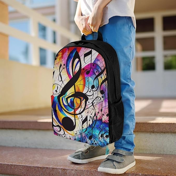 Supdreamc Women Men Polyester Abstract Music Notes Colorful Casual Daypack Large Capacity Bookbag With Side Pockets for Sports Picnic Walking Cycling