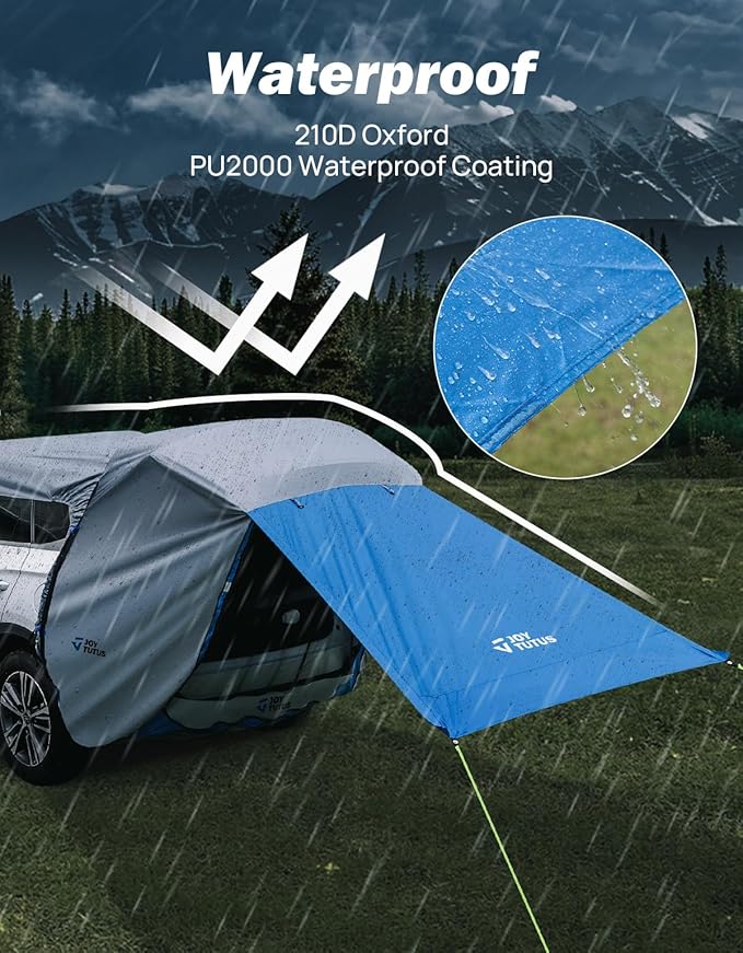 JOYTUTUS SUV Tailgate Tent with Big Awning, Water Resistant SUV Camping Tent with Car Roof Cover, Universal Fit Most Suvs, Car, Grey Blue