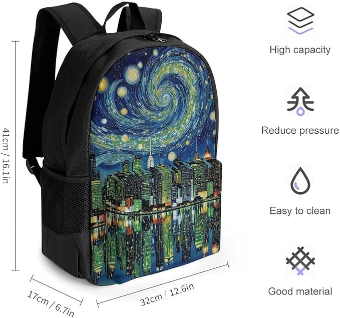 Supdreamc Adults Lightweight Chicago City Skyline Night View Starry Sky Painting Rucksacks Large Capacity Bookbag With Adjustable Shoulder Straps for Trekking Outdoors Bicycle