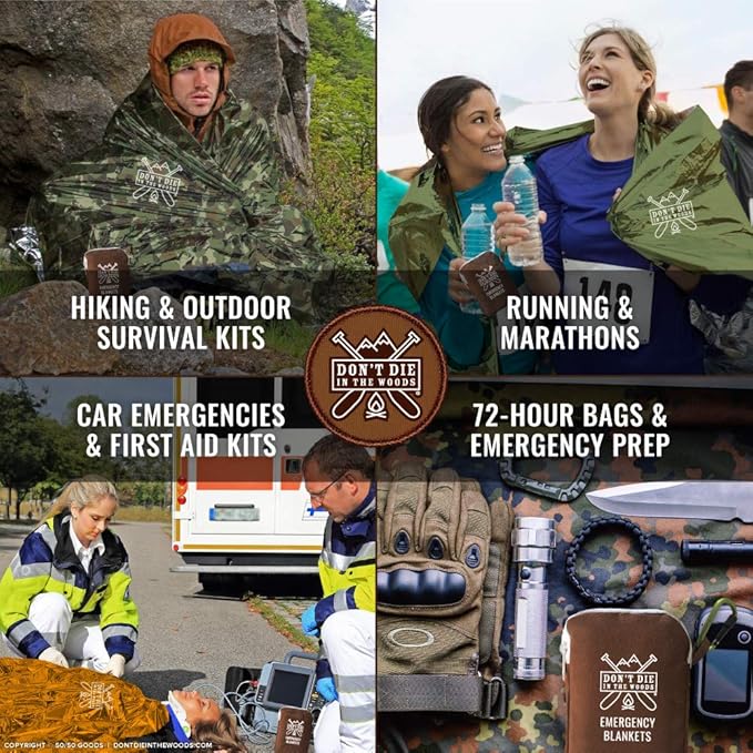 Don't Die In The Woods - Freakin’ Huge Emergency Blankets [4-Pack] Extra-Large Thermal Mylar Space Blankets with Ripstop Nylon Stuff Sacks + Carabiner Zipper Pack [Survival Orange]