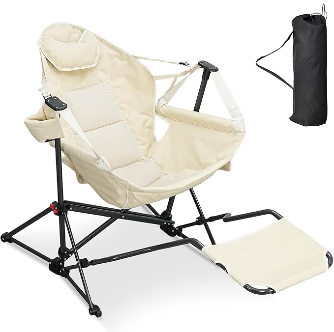 Ainfox Hammock Camping Chair with Footrest, Foldable Portable Rocking Chairs for Adults Outside Swinging Camp with Cup Holder Pillow for Outdoor Patio Poolside (Beige)