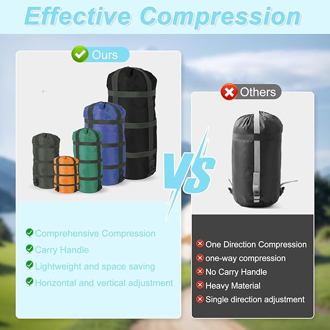 Compression Sacks for Sleeping Bag Stuff Sack Adjustable Sleeping Bag Compression Stuff Sack 6L + 15L +18L + 30L + 45L+52L Space Saving for Backpacking Hiking Camping Outdoor and Travel Storage
