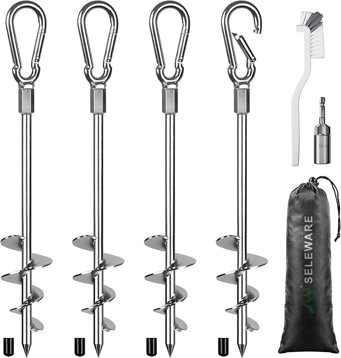 SELEWARE 18 Inch Ground Anchors Screw in, Heavy Duty Trampoline Stakes, Tent Stakes, High Wind Wider Spiral Earth Anchors for Trampolines, Camping Tent, Sheds, Carports, Securing Animals, Swing Sets