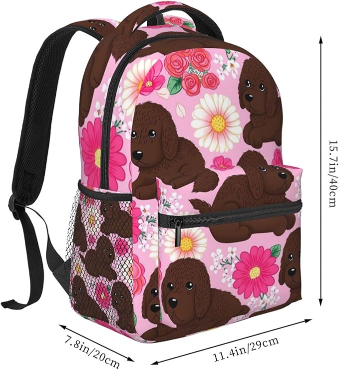 Lightweight Daypack Bookbag for Trekking Business Walking Cycling, Big Capacity Anti-Theft Multipurpose Carry On Bag, Golden Retriever Dog Pink Flower Business Computer Bag