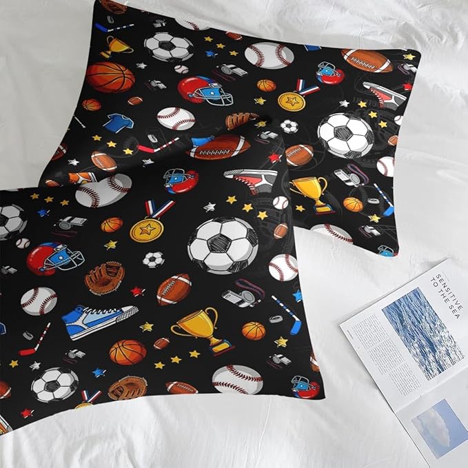 Comforter Set Twin Size, Basketball Football Baseball 5 Pcs Bedding for Kids and Adults, Hockey Soccer Sport Bed Sheet Sets with Fitted Sheet Pillowcase & Sham for Bedroom Bed Decor