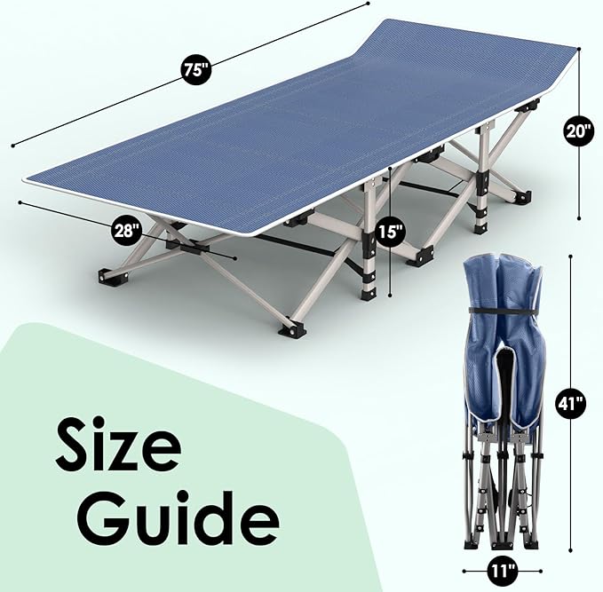 Suteck Camping Cot, Folding Camping Cot Bed for Adults Sleeping 1200D Double Layer Oxford Portable Folding Outdoor Cots for Camping W/Soft Pad Carry Bag for Home Office Nap Beach Travel, 500LBS,Blue