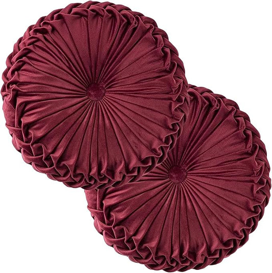 2 Pcs Round Throw Pillows Decorative Pumpkin Velvet Boho Pleated Bed Pillows Back Support for Couch Chair Dorm Car 14.96'' (Burgundy)