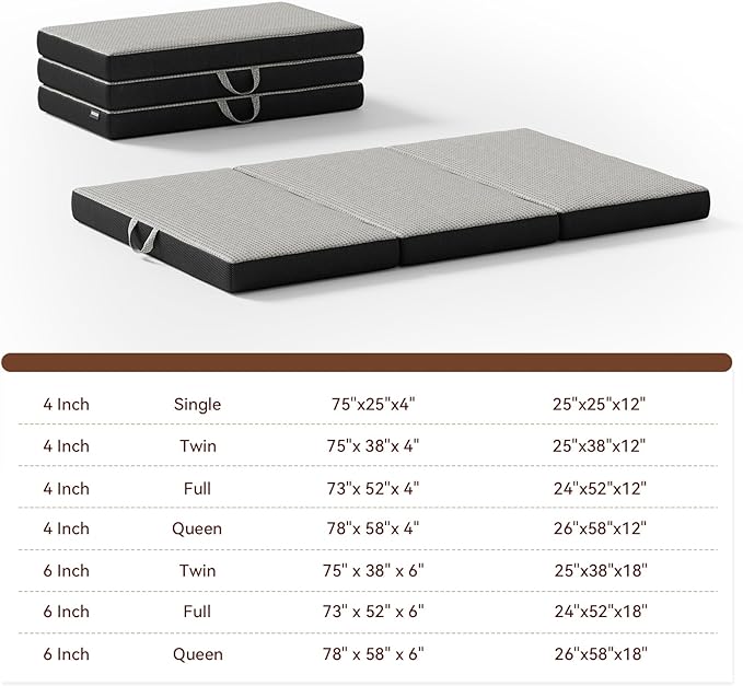 Memory Foam Trifold Mattress, Full Portable Floor Bed 4 Inch, Foldable Mat with Washable Cover, Handle & Non-Slip Bottom, for RV, Travel, Camping, Yoga, 73"x52"x4", Grey
