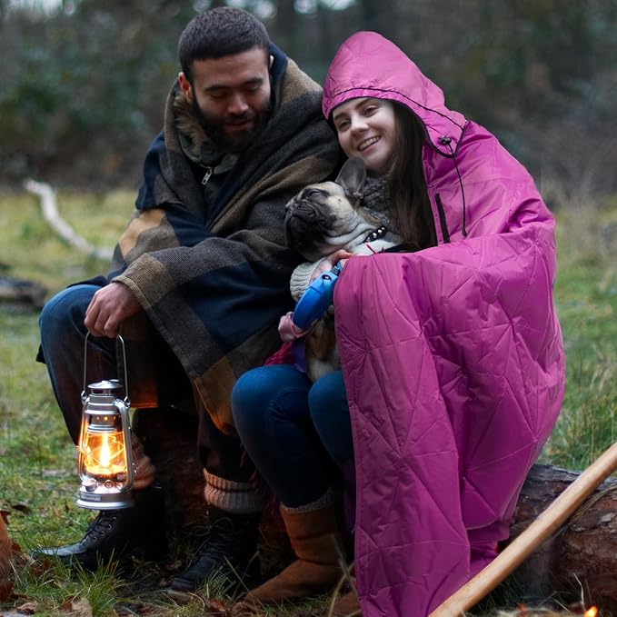 Outdoor Waterproof Blanket, Foldable Fleece Stadium Blanket for Outdoor Sports Event, Camping, Car, Pet, Picnics - Windproof, Wearable, Machine Washable 80" x 58" (Rose Purple,Hooded)