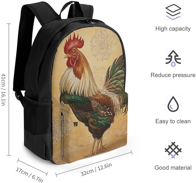 Supdreamc Men Women Polyester Retro Rooster Daypack Big Capacity Shoulder Bag With Smooth Zippers for Hiking Work Walking Cycling