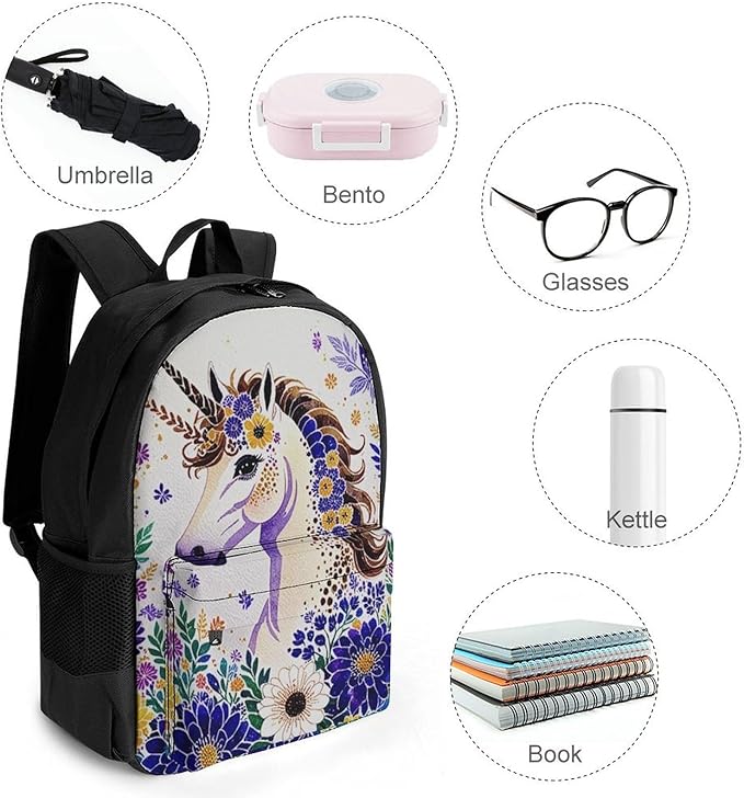 Supdreamc Polyester Daypack Backpack for Trekking Picnic Walking Cycling, Large Capacity Anti-Theft Multipurpose Shoulder Bag, Unicorn Purple Flower Casual Daypack