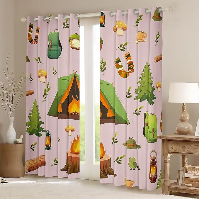 Feelyou Pink RV Camping Camper Curtains for Bedroom Living Room Camping Theme Blackout Shades Camper Room Darkening Curtain Window Treatments, 2 Panels 52 x 90 Inch Decor