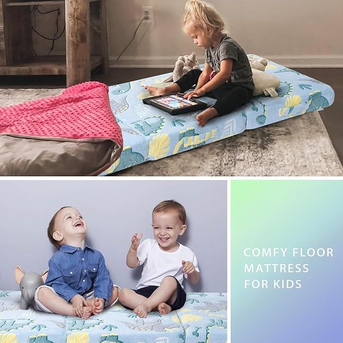 MeMoreCool Glow Dinosaur Kids Foldable Floor Mattress Mat with Carry Bag, 3-in-1 Tri-Fold Futon, Soft Plush Glow Cover, Portable for Travel, Blue 63x26 Inch
