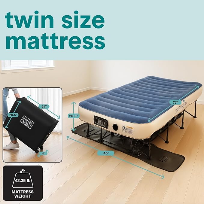SereneLife (Twin) EZ Bed Air Mattress with Frame and Rolling Case - 3 Min Self Inflating Air Bed with Upgraded U-Coil Mattress and Premium Soft Flocked Top, Wall Plug AC Powered Inflate and Deflate