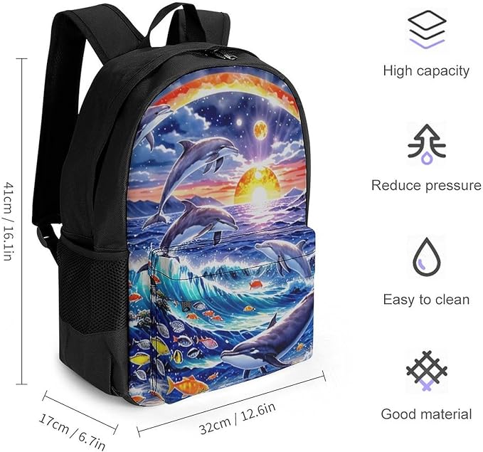 Supdreamc Polyester Daypack Bookbag for Gym Business Bicycle, Large Capacity Multipurpose Anti-Theft Carry On Bag, Dolphin Underwater World Rainbow Travel Hiking Daypack