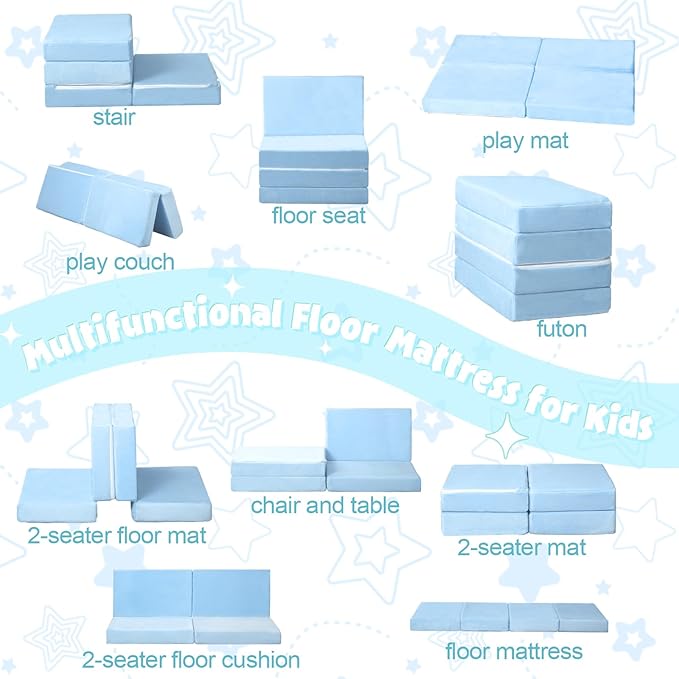 MeMoreCool Kids Folding Mattress, Trifold Mat Foldable Floor Mattress for Kids, 63x26 Tri Fold Floor Mat with Washable Cover and Carry Bag, Portable Floor Mat for Sleepover Daycare, Blue