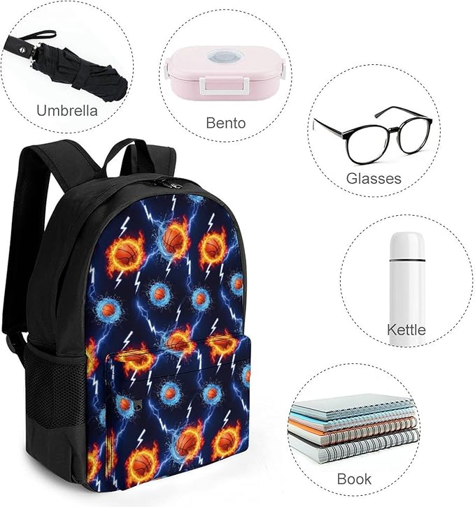 Backpack Lightweight Anti-Theft Multipurpose Water Fire Flame Basketball Print Black Shoulder Bag Large Capacity Travel Hiking Backpack With Padded Straps