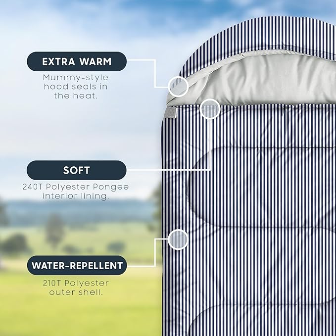 Wake In Cloud - Kids Sleeping Bag for Boys Girls Toddlers, Camping in Warm Cold Weather, Backpacking Lightweight Compact Outdoor Liner for 3 Seasons, Farmhouse Ticking Stripe