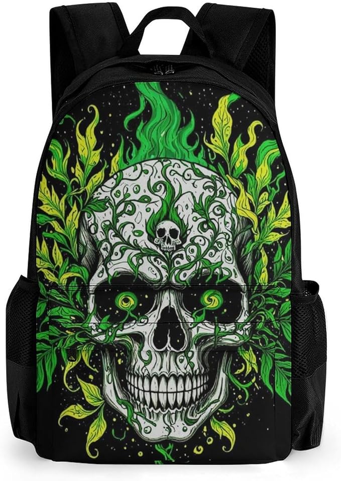 Lightweight Rucksack for Sports Travel Running, Big Capacity Multipurpose Anti-Theft Bookbag, Skull Marijuanaweed Leaf Green Black Travel and Sport Backpack Rucksack