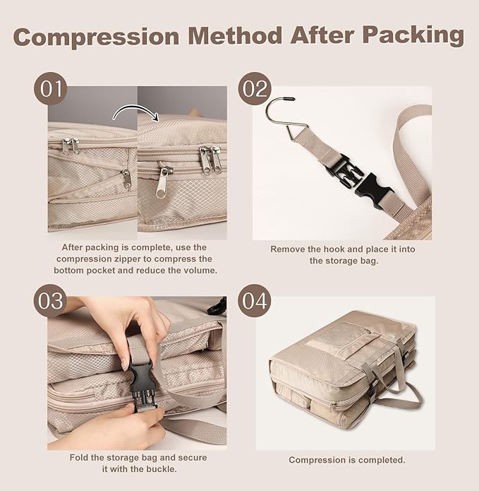 TABITORA Travel Clothes Organizer Portable Hanging Compression Packing Cubes Camp Organizer Travel Cases Suitcase Storage Large Capacity Carry On Closet (Beige)