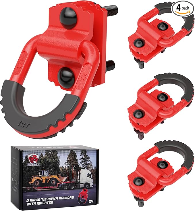 D-Ring Tie Down Anchors with Rubber Isolators, 4 Pack Heavy Duty 10 Ton Capacity Carbon Steel, Bolt-On with Mounting Hardware, Zinc & Powder Coated for Trailer, Truck, Pickup, Garage-Red
