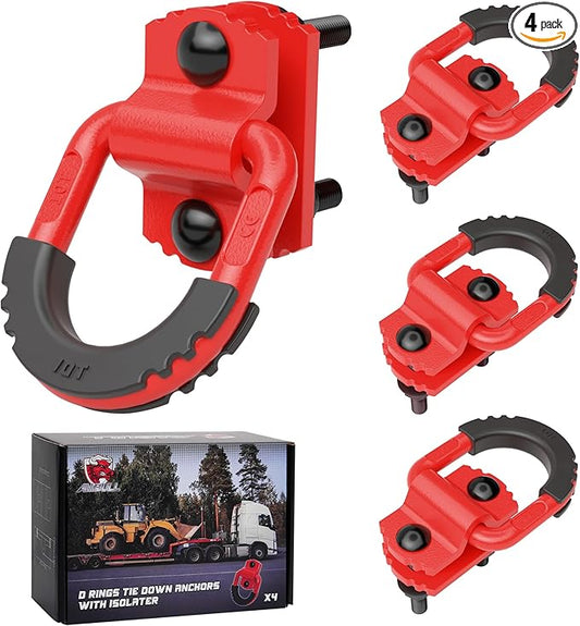 D-Ring Tie Down Anchors with Rubber Isolators, 4 Pack Heavy Duty 10 Ton Capacity Carbon Steel, Bolt-On with Mounting Hardware, Zinc & Powder Coated for Trailer, Truck, Pickup, Garage-Red