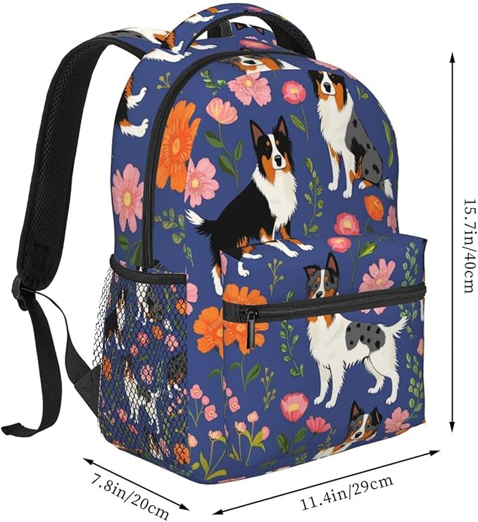 Polyester Daypack Backpack for Trekking Picnic Walking Cycling, Large Capacity Anti-Theft Multipurpose Shoulder Bag, Australian Shepherd Dogs Flowers Casual Daypack