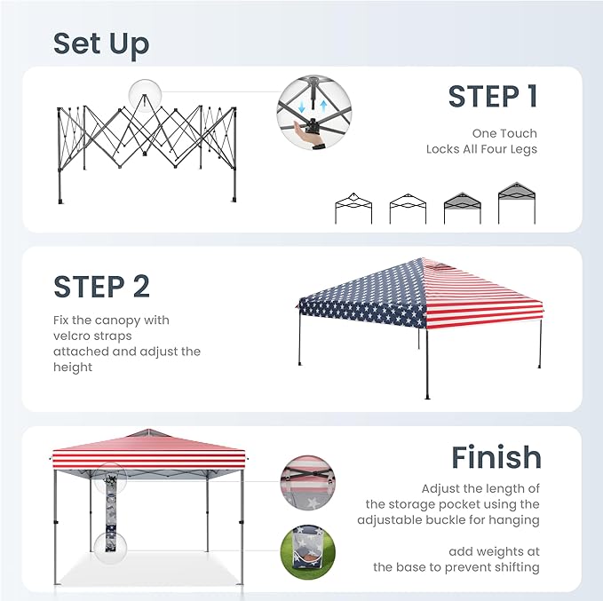 PHI VILLA 10’x10’ Pop Up Canopy Tent - One Push Setup, Instant Shade Tent with Vented Roof for Beach & Events - Includes Storage Bag, Sandbags, Stakes & Ropes (American Flag)