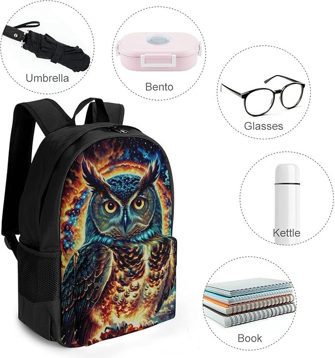 Polyester Daypack Backpack for Sports Travel Running, Big Capacity Anti-Theft Multipurpose Carry On Bag, Galaxy Nighthawk Owl Laptop Book Bag Rucksack