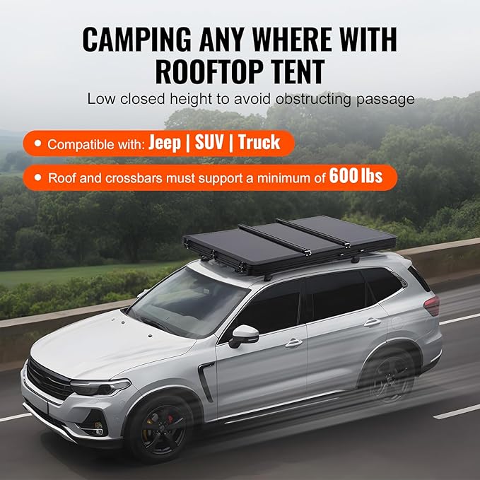 VEVOR Rooftop Tent Hard Shell, 2-3 Person Aluminum Roof Top Tent Hardshell with Tri-Color LED Light, Thick Mattress & 1 Window, Waterproof Windproof Overland Camping Car Roof Rack for Jeep SUV Pickup