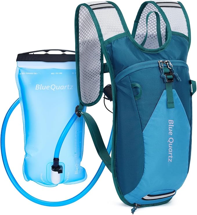 Blue Quartz Hydration Backpack with 2L Water Bladder - Lightweight Cycling & Running Pack for Men Women, Breathable Mesh Straps, L-Zip Wide Opening Hydration Pack for Quick Access