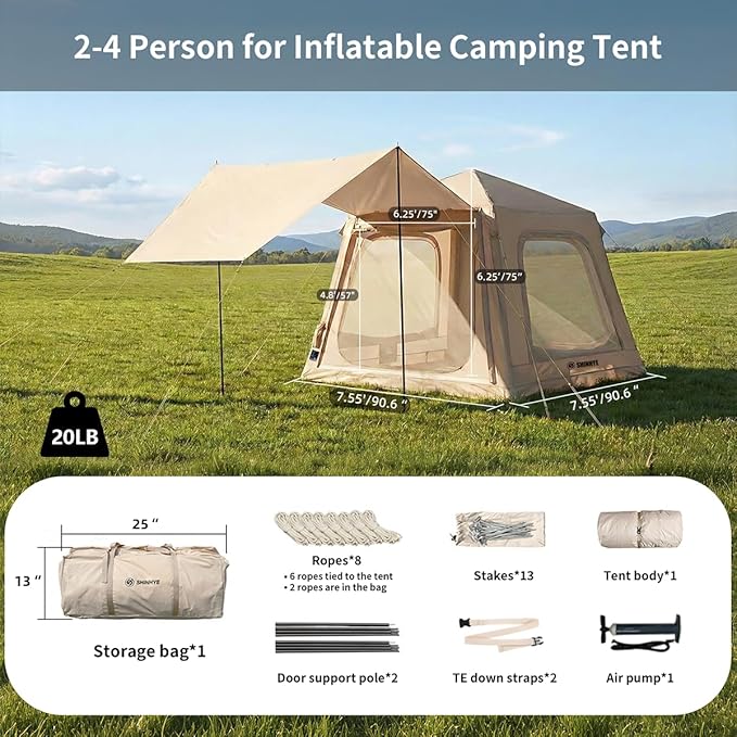 Inflatable Tent for Camping, Blow Up Waterproof Oxford Cabin Tents with Hand Pump, Easy Setup 4 Season Air Tent, Luxury Outdoor Glamping Windproof Tents 2-4 Person