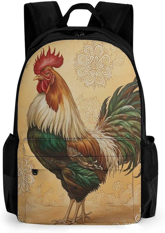 Supdreamc Men Women Polyester Retro Rooster Daypack Big Capacity Shoulder Bag With Smooth Zippers for Hiking Work Walking Cycling