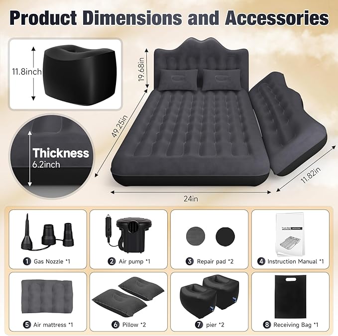 Back Seat Car Air Mattress: Inflatable SUV Car Camping Bed for Truck Van, Thickened Double-Sided Flocking Travel Car Sleeping Pad with Air Pump 2 Pillows