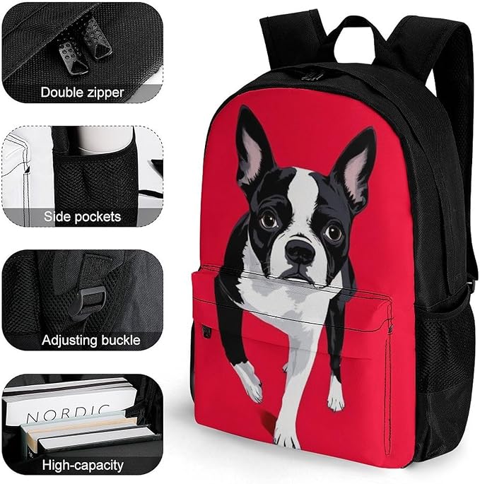 Supdreamc Casual Daypack Multipurpose Anti-Theft Large Capacity Carry On Bag, Black And White Boston Terrier Dog Red Casual Daypack Climbing Shoulder Bag With Padded Straps