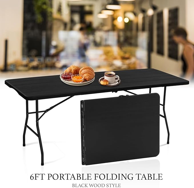 AJP Distributors 6 Foot Portable Plastic Folding Table 6FT 72" Half Foldable Heavy Duty Top w/Carry Handle - Indoor Outdoor Camping Picnic Party Wedding Dining Office Event Meeting Black Wood Style