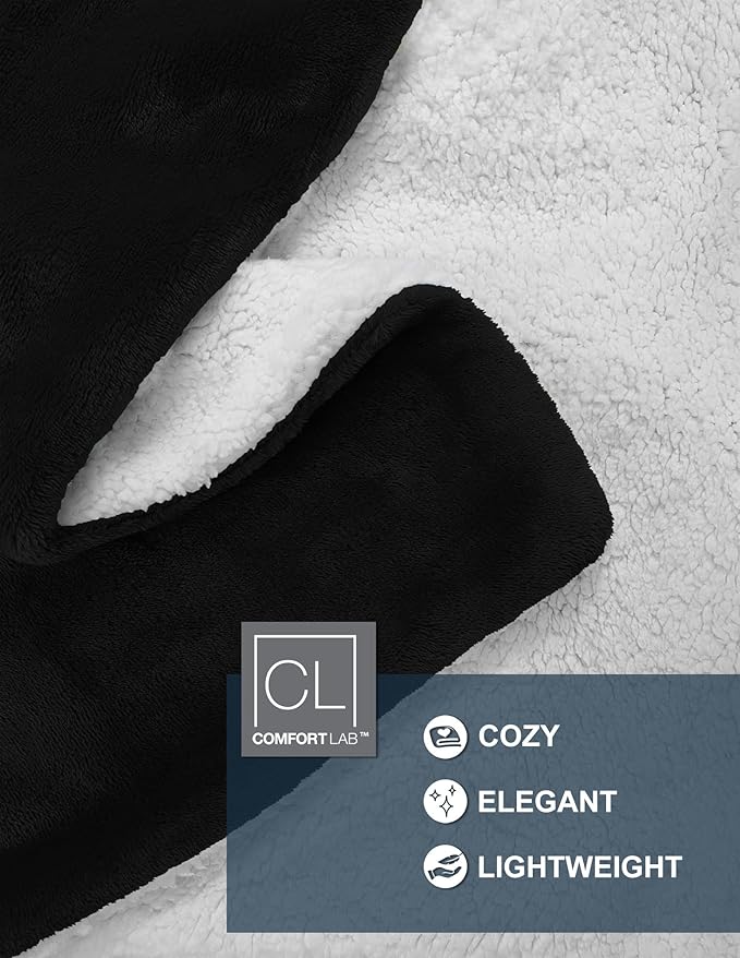 Comfort Lab Reversible Flannel Sherpa Throw Blanket - Elegant Fluffy Throw Blankets for Couch and Home Decor - Anti Pilling Non Shedding Cozy & Warm Fleece Throws - Oversize Throw (60" x 70") - Black