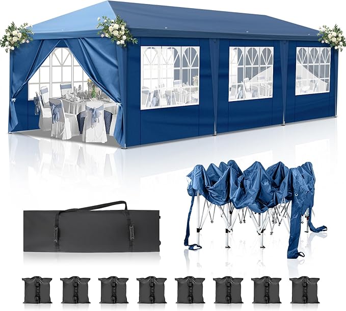 Outvita 10x30ft Ez Pop Up Canopy, Portable Instant Canopy Tent with 8 SideWalls for Outdoor Events, Party, Wedding, Birthday,Graduation Blue