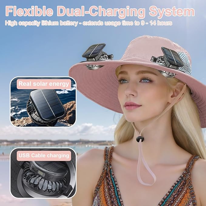 Outdoor Wide Brim Sun Hat with 2 Solar Powered Fan, Bucket Hat for Men Women, Fishing, Gardening & Beach Hat for Men