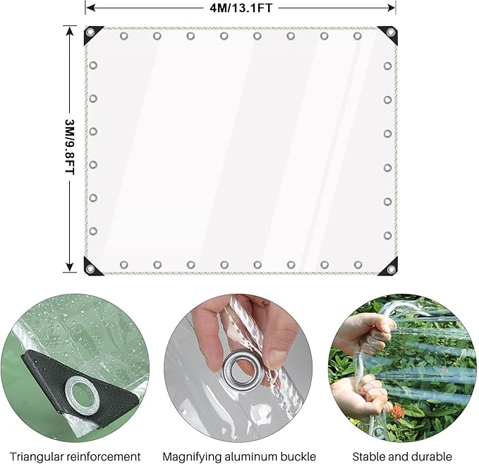 Clear Tarps Heavy Duty Waterproof, 15Mil Transparent PVC Vinyl Tarpaulin with Grommets, Ropes, Reinforced Edge, Tear-Resistant, Anti-UV for Greenhouse, Patio, Garden, Porch, Pavilion, Outdoor