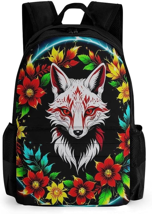 Men Women Polyester Blue Green Red Fire Flame Dragon Fox Kitsune Black Art Daypack Big Capacity Shoulder Bag With Adjustable Shoulder Straps for Camping Travel Walking Cycling