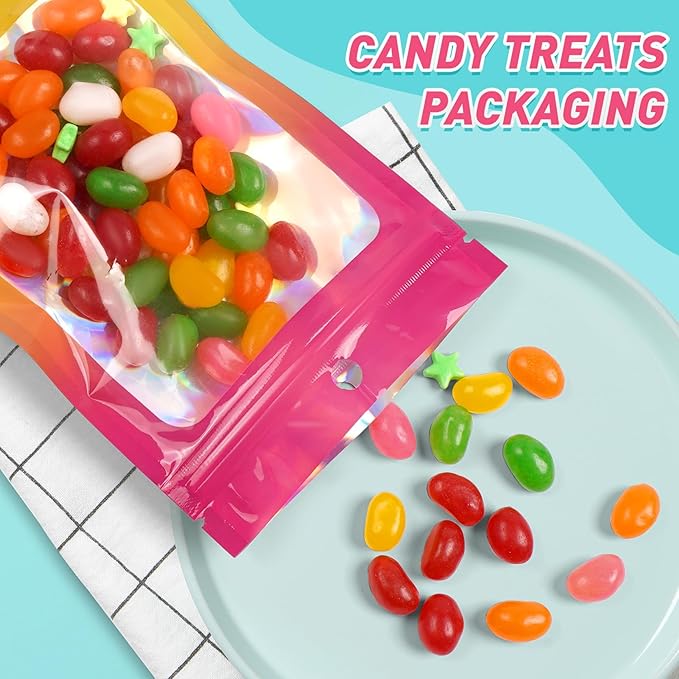 Funfery 300 Pack Smell Proof Resealable Bags for Food Storage,Holographic Bags 4x6 Hot Pink Orange Mylar Clear Packaging Bag- Scent Proof for Cookies, Zip Foil Pouch for Small Business