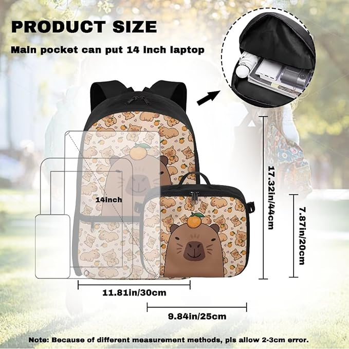 HUGS IDEA Orange Capybara School Backpack for Girls 8-10 with Lunchbox Backpacks for Elementary Students School Bag Large Capacity School Book Bag for Kids Casual Travel Daycare