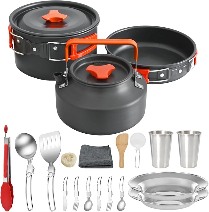 Camping Cookware Mess Kit, Non-Stick Lightweight Camping Pots and Pans with Kettle, Stainless Steel Cups Plates Forks Knives Spoons for Backpacking, Hiking, Outdoor Cooking