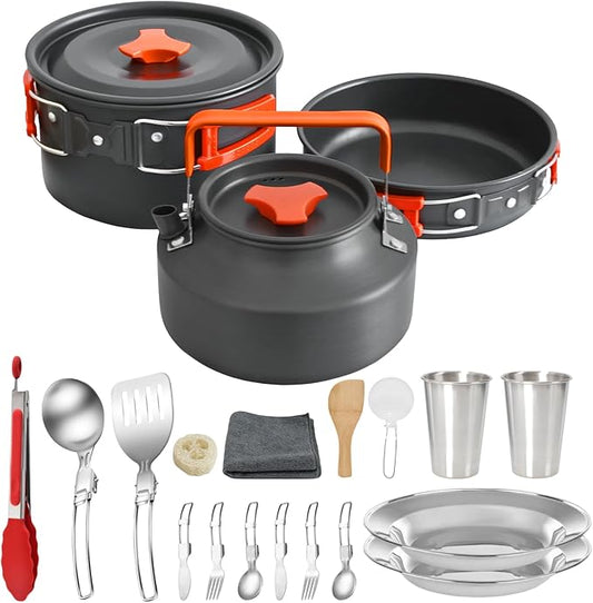 Camping Cookware Mess Kit, Non-Stick Lightweight Camping Pots and Pans with Kettle, Stainless Steel Cups Plates Forks Knives Spoons for Backpacking, Hiking, Outdoor Cooking