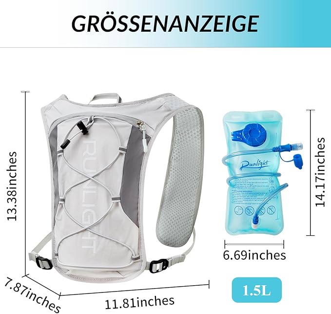 Running Vest for Women Men, Adjustable Hydration Backpack Breathable Reflective with 1.5L Water Bladder for Hiking, Trail, Running, Marathons, Cycling