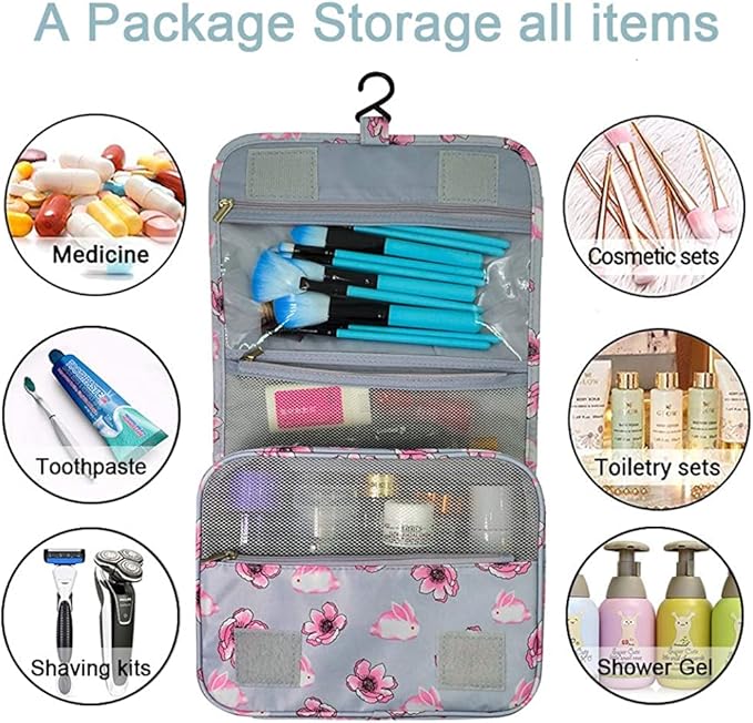 Trawila Travel Hanging Toiletry Bag Cosmetic Bag Makeup Organizers for Men & Women with Sturdy Hook (Grey flower)